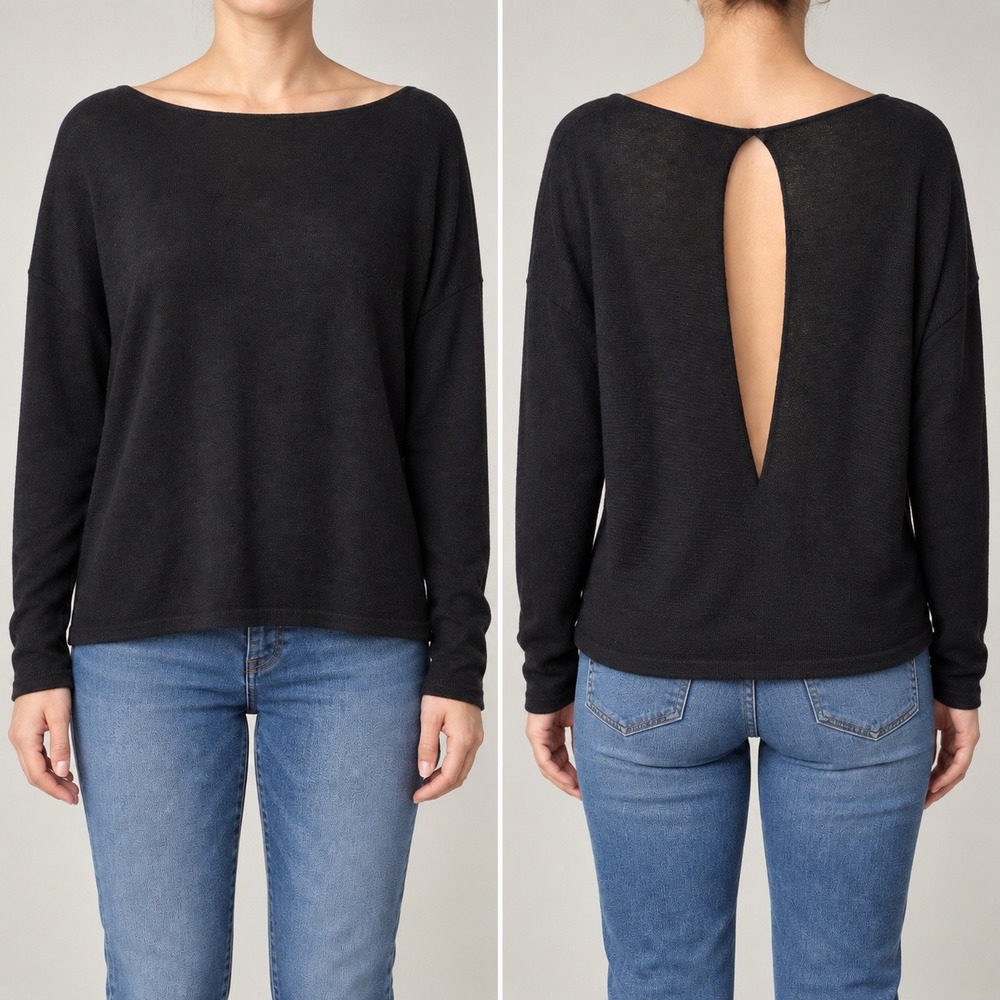 Tahari Womens Open Back Keyhole Merino Wool Sweater S Black Minimalist Knit